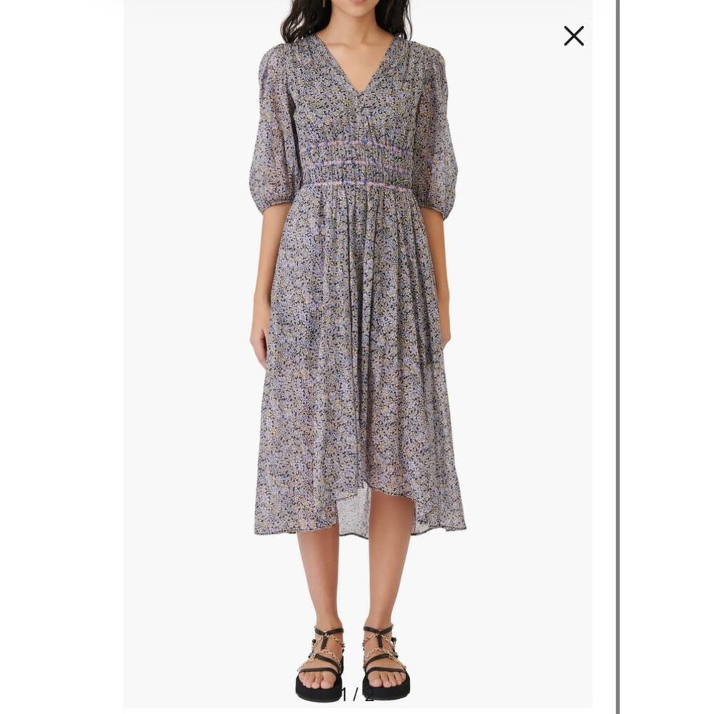 Maje | $375 Rilota Floral Shirred Open Back Cotton Voile Midi Dress Size Medium